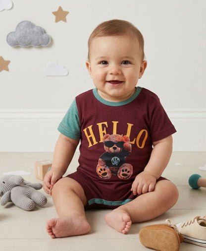 Boys Maroon & Mint Green "Hello" Teddy Bear Printed Romper - Premium Jersey Cotton