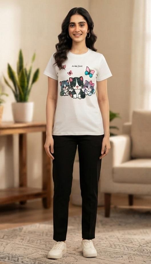 Girls White "Cute Kittens" Graphic T-Shirt & Black Trouser Co-ord Set - Premium Jersey Cotton