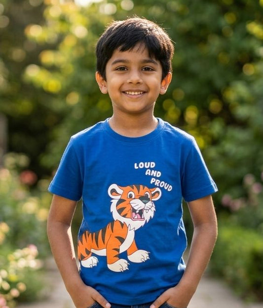 Boys Blue "Loud and Proud" Tiger Printed T-Shirt - Premium Jersey Cotton
