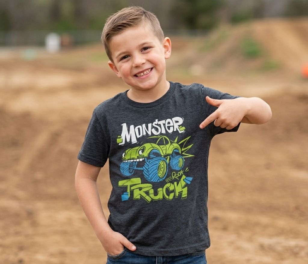 Boys Charcoal Grey "Monster Truck" Graphic T-Shirt - Premium Jersey Cotton