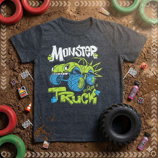 Boys Charcoal Grey "Monster Truck" Graphic T-Shirt - Premium Jersey CoIgnite your little one's sense of adventure with this bold "Monster Truck" graphic t-shirt. This charcoal grey tee showcases a vibrant, fun monster truck design thatStitchedFunWearBoys Charcoal Grey