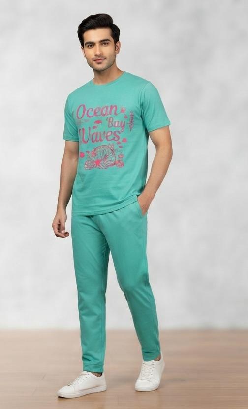 Boys Teal "Ocean Waves" Graphic T-Shirt & Trouser Printed Co-ord Set - Premium Jersey Cotton