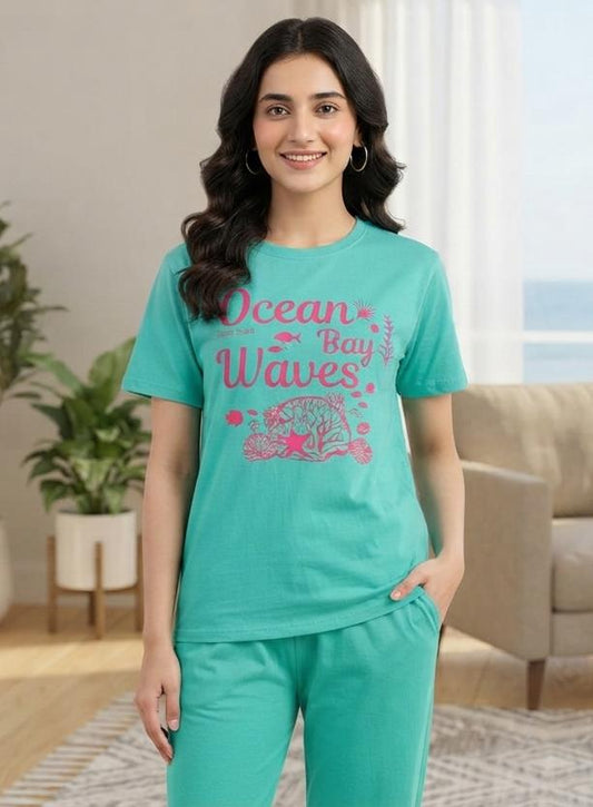 Girls Teal "Ocean Waves" Graphic T-Shirt & Trouser Printed Co-ord Set - Premium Jersey Cotton