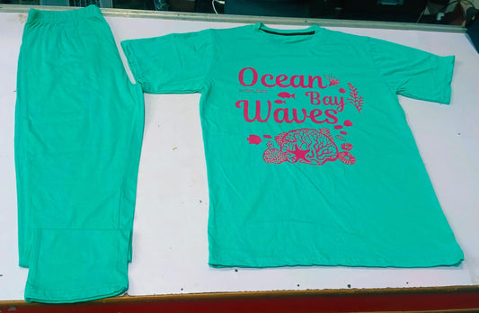 Boys Teal "Ocean Waves" Graphic T-Shirt & Trouser Printed Co-ord Set - Premium Jersey Cotton