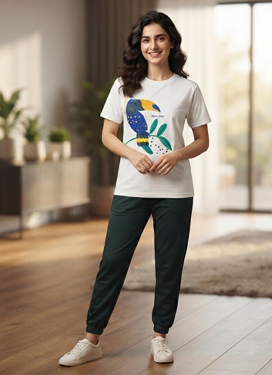 Girls White "Tropical Toucan" Graphic T-Shirt & Black Trousers Co-ord Set - Premium Jersey Cotton