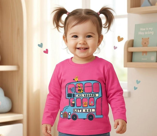 Toddler Long Sleeve Graphic Tee – "All Aboard" Double-Decker Bus (Pink)