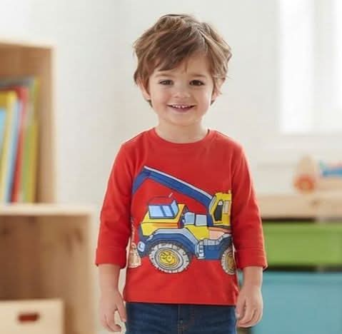 Boys Red "Construction Tractor" Graphic Long-Sleeve T-Shirt - Premium Jersey Cotton
