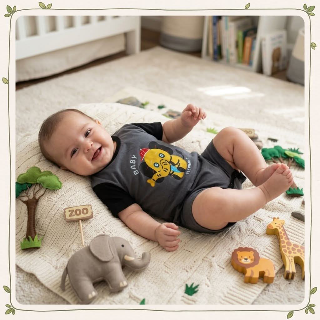 Baby Grey & Black "Baby Elephant" Romper - Premium Jersey CottonKeep your little one comfortable and cute all summer long with this charming "Baby Elephant" printed romper. This outfit features a soft grey and black color-blockedStitchedFunWearBaby Elephant Romper