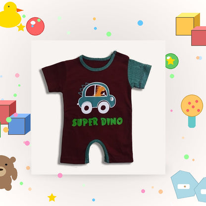 Baby Maroon & Green "Super Dino" Printed Romper - Premium Jersey Cotton