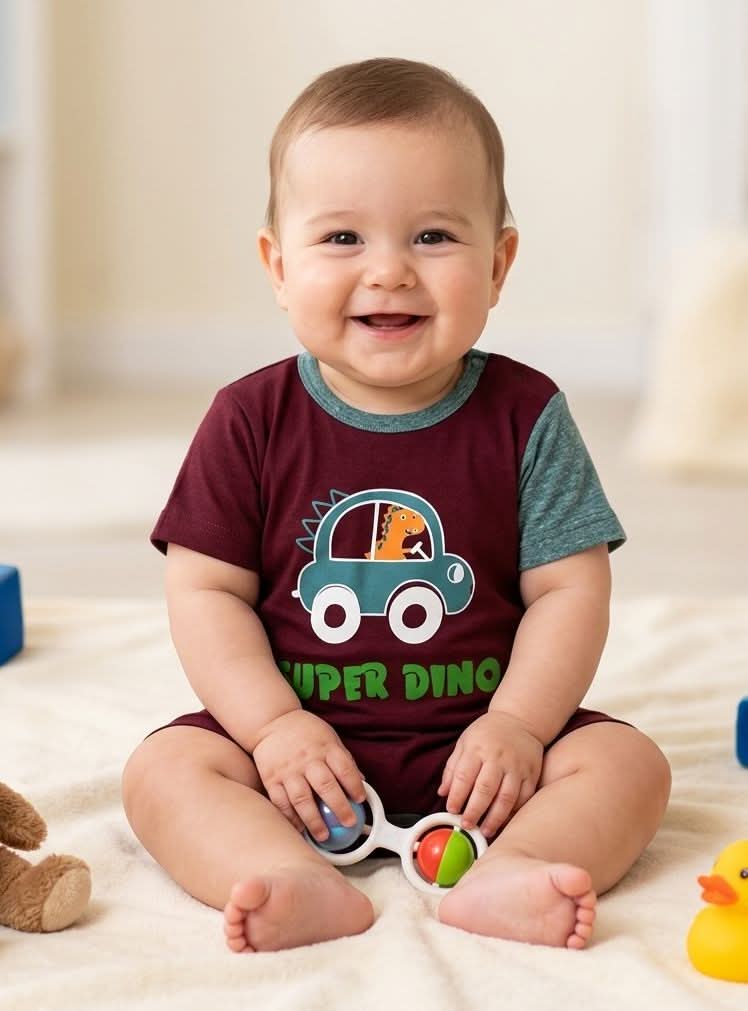 Baby Maroon & Green "Super Dino" Printed Romper - Premium Jersey CottoDress your little one in comfort and fun with this adorable "Super Dino" printed romper. This outfit features a playful dinosaur-in-a-car graphic, making it a perfecStitchedFunWearBaby Maroon & Green