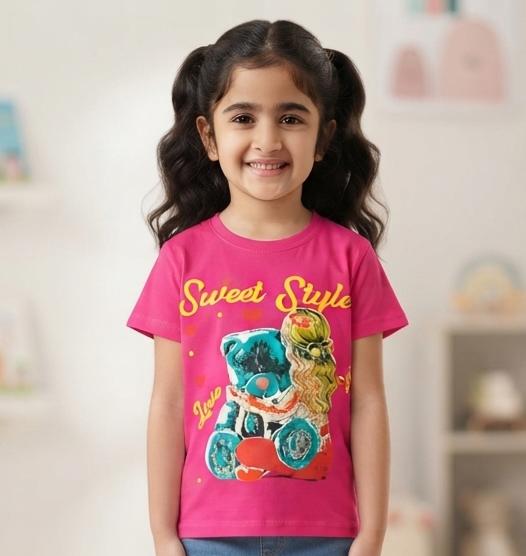 Girls "Sweet Style" Teddy Bear Graphic Tee – 100% Premium Cotton Jersey (Hot Pink)