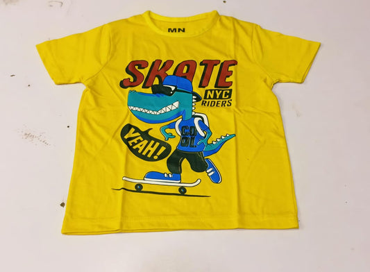 Boys Yellow "Skate NYC Riders" Dinosaur Graphic T-Shirt - Premium Jersey Cotton