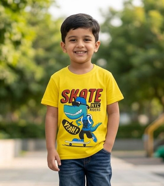 Boys Yellow "Skate NYC Riders" Dinosaur Graphic T-Shirt - Premium Jersey Cotton