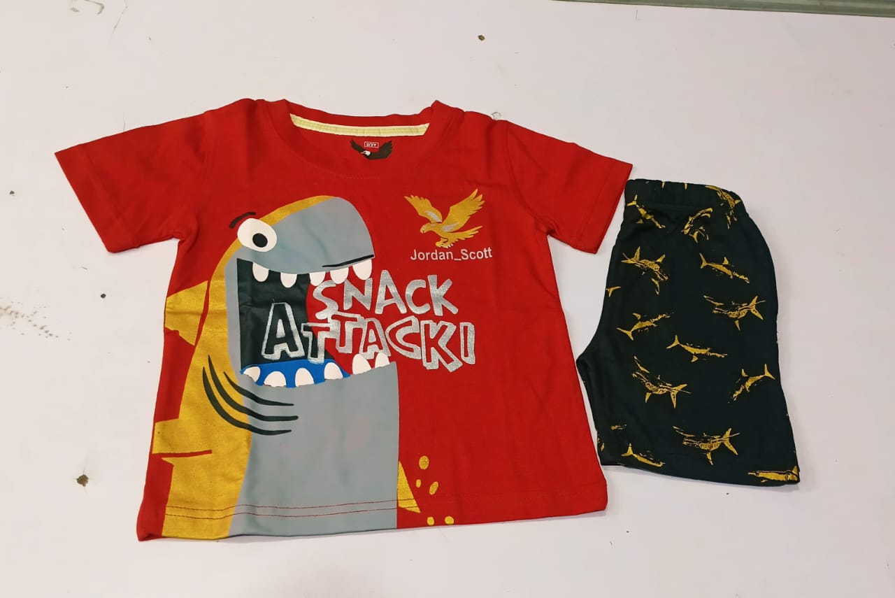 Boys Red "Snack Attack" Shark Printed Summer Co-ord Set - Premium Jersey Cotton