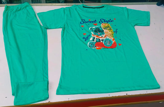 Girls Teal "Sweet Style" Graphic T-Shirt & Trouser Co-ord Set - Premium Jersey Cotton