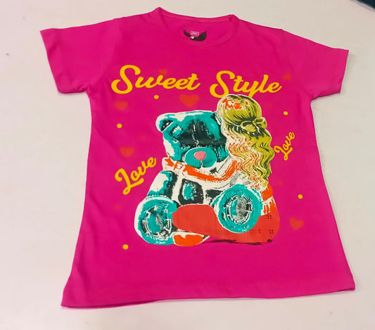 Girls Pink "Sweet Style" Graphic T-Shirt - Premium Jersey Cotton