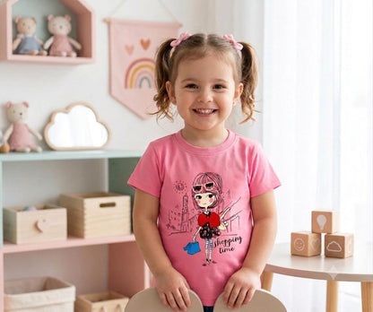 Girls Pink "Shopping Time" Graphic T-Shirt - Premium Jersey Cotton