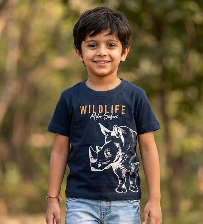 Boys Black "Wildlife Safari" Rhino Printed T-Shirt - Premium Jersey Cotton